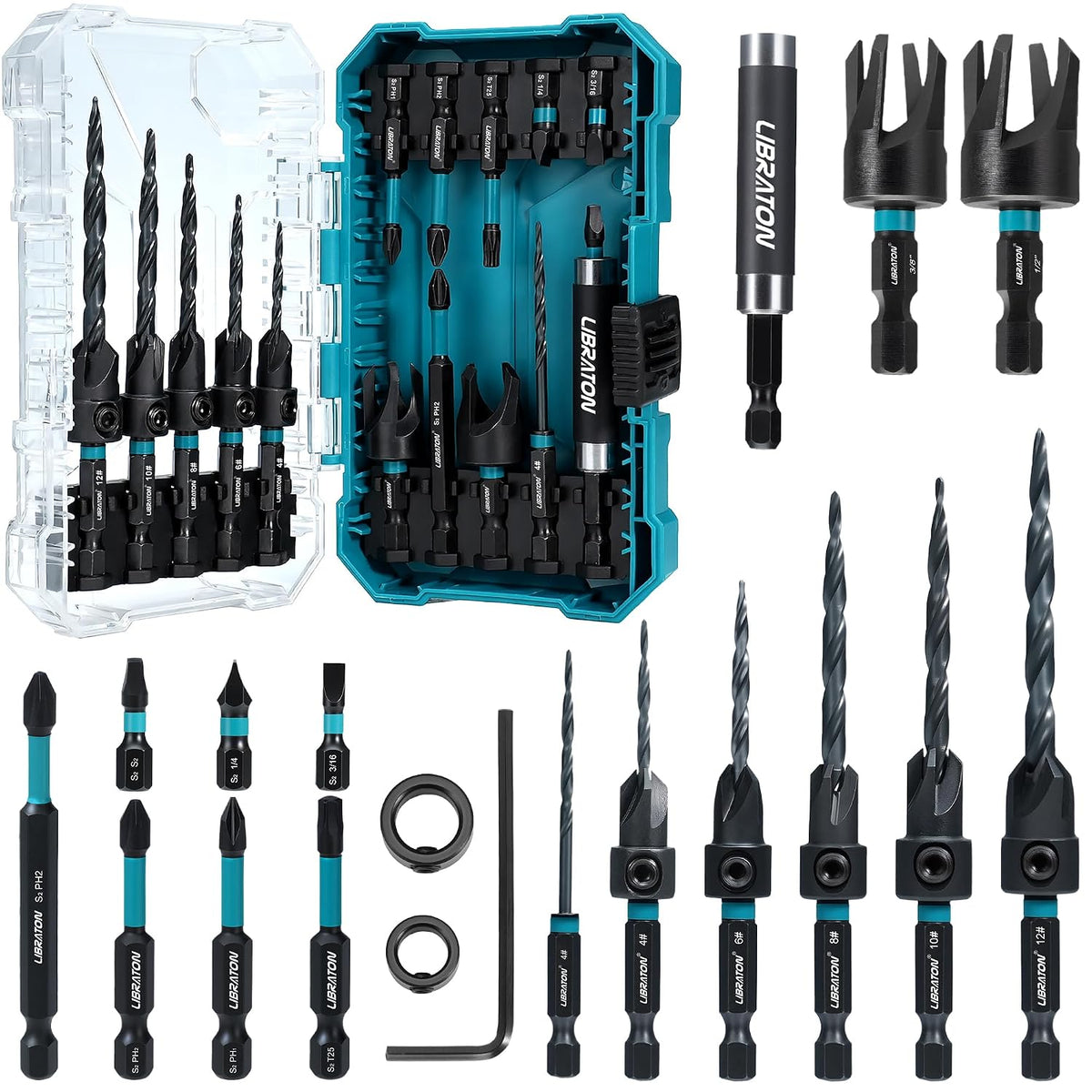 LIBRATON Countersink Drill Bit Set, 19PCS Tapered Wood Drill Bit Set