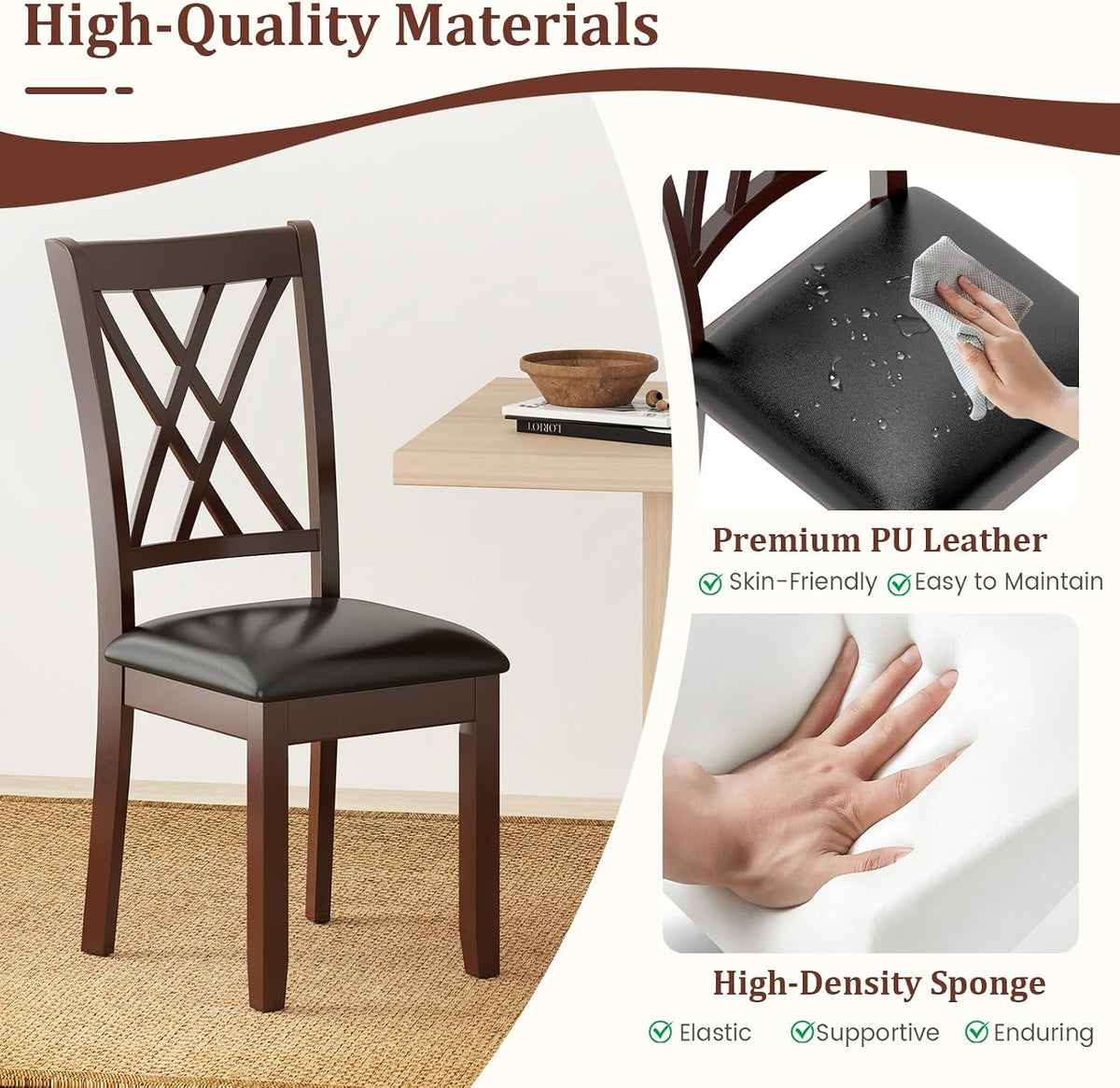 Wooden Dining Chairs Set of 2 with PU Leather Padded Seat, Walnut