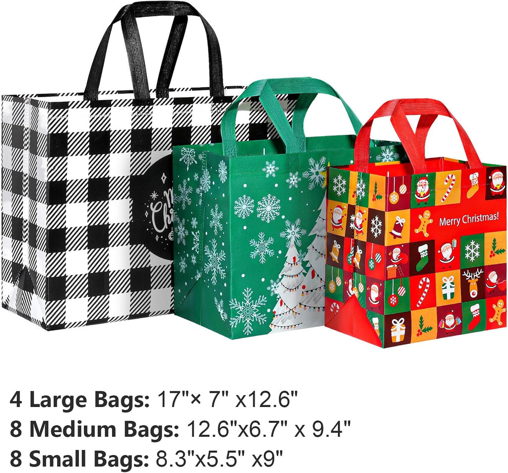 20 Pack Christmas Gift Bags Assorted Sizes, Reusable Tote Bags with Handle, Includes 4 Large 8 Medium 8 Small