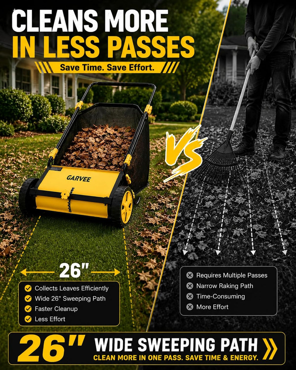 26 Inch Push Lawn Sweeper with 7 Cu. Ft. Large Mesh Collection Bag