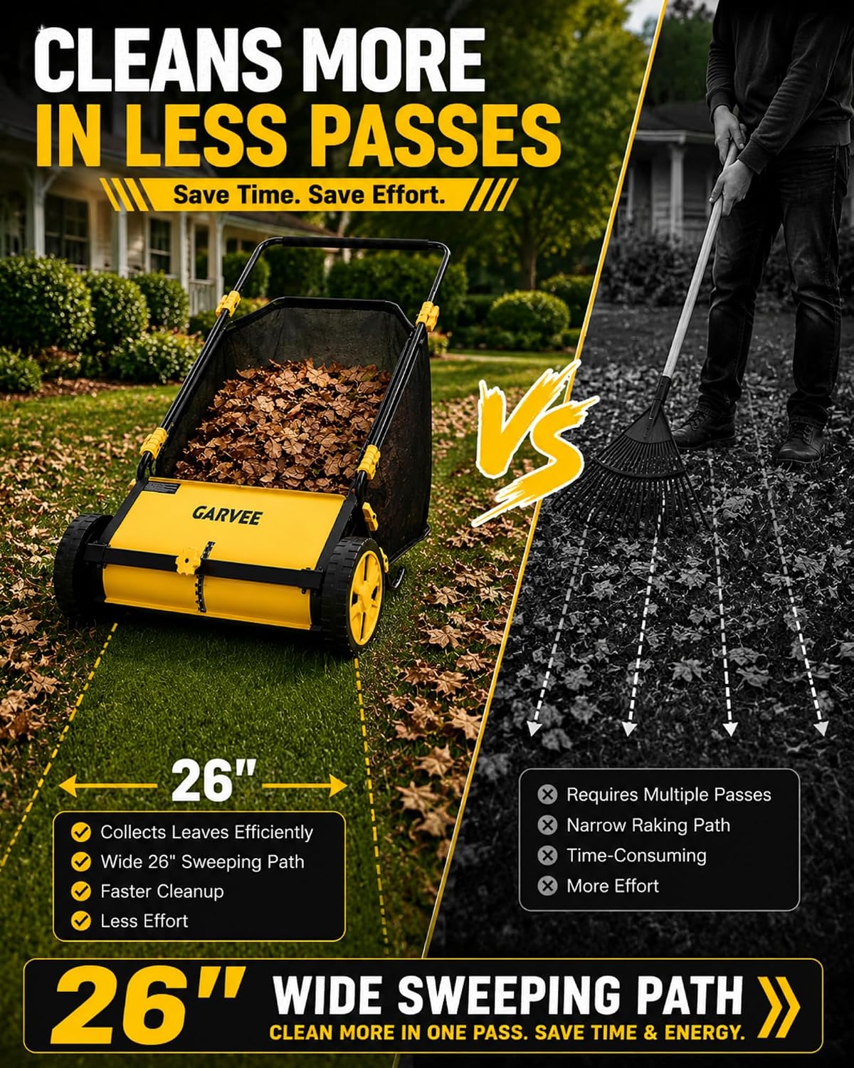 26 Inch Push Lawn Sweeper with 7 Cu. Ft. Large Mesh Collection Bag
