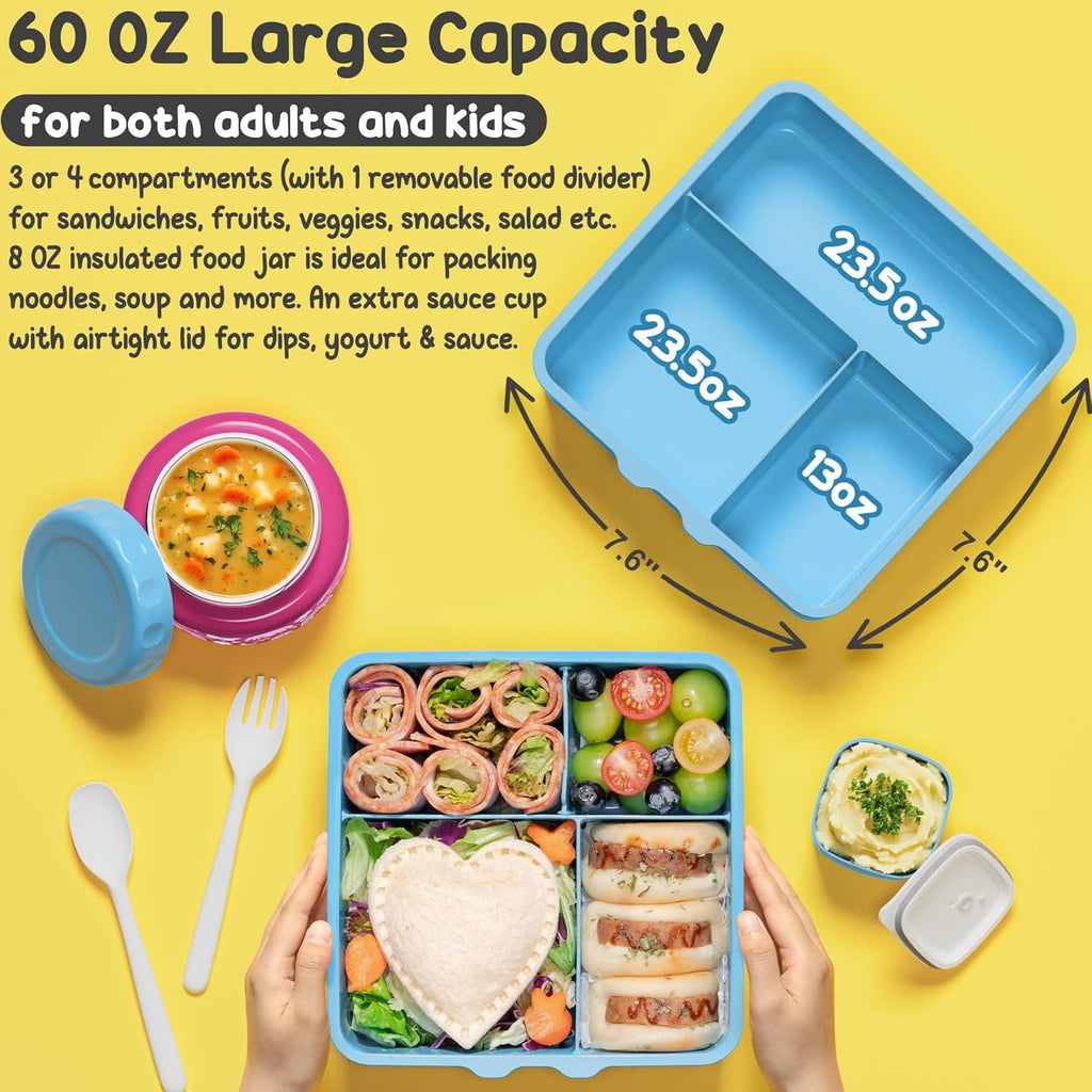 60oz Kids Bento lunch Box with Insulated Lunch Bag & 8.5oz Thermo | Leakproof 3-4 Compartment Toddler Kids Lunch Box