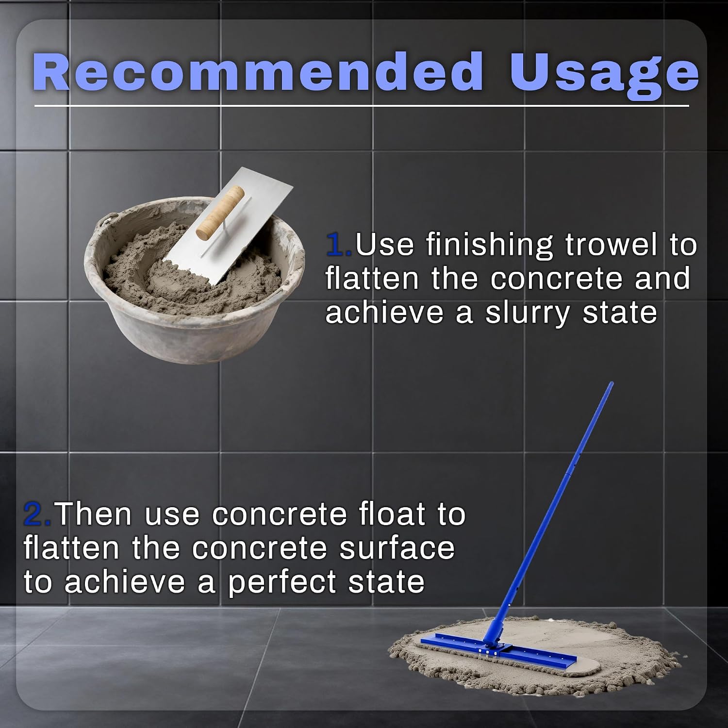 48" x 8" Concrete Bull Float Kit, Stainless Steel, 47" Adjustable Handle | Round End Finishing Trowel, Heavy Duty