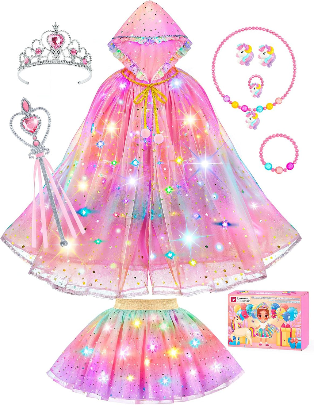 Princess Dress Up for Girls, Unicorn Light up Princess Cape Princess Dress | Costume Crown Gift for Girls 3 4 5 6 DOLNOW