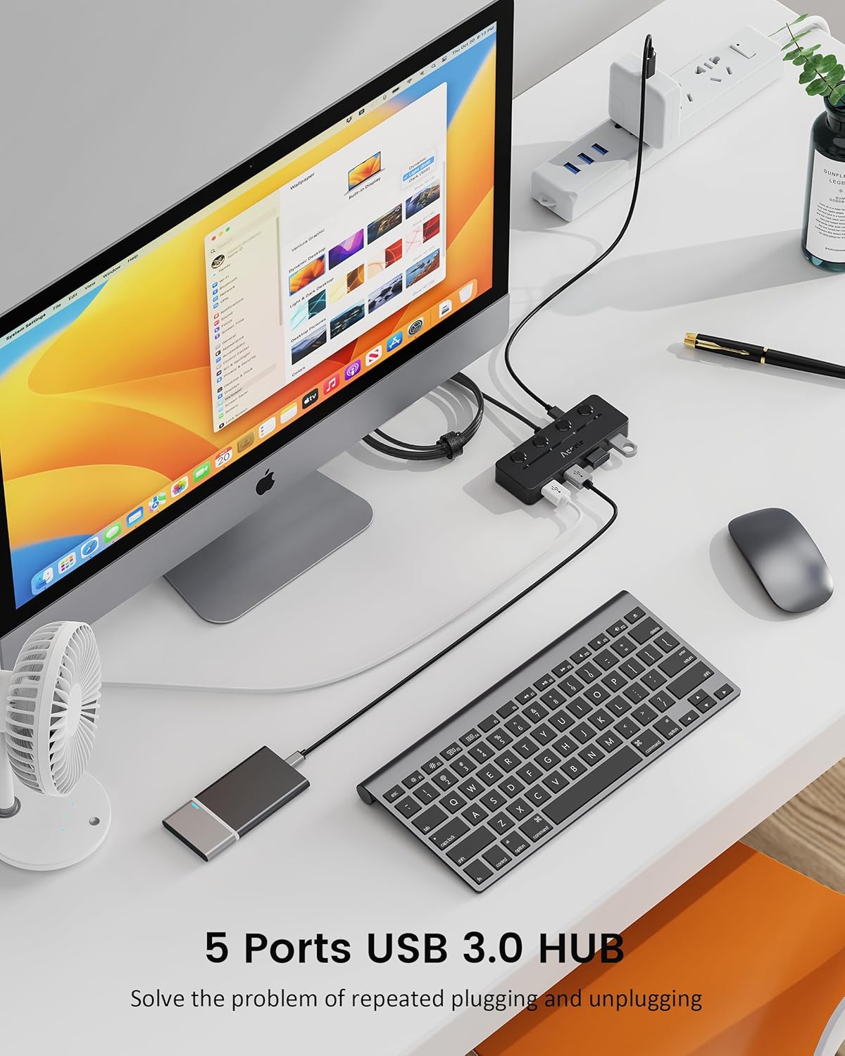 USB Hub 3.0 with Individual LED Power Switches & Type C Power Port, Multiport USB Splitter 3.0 with 4FT Long Cable