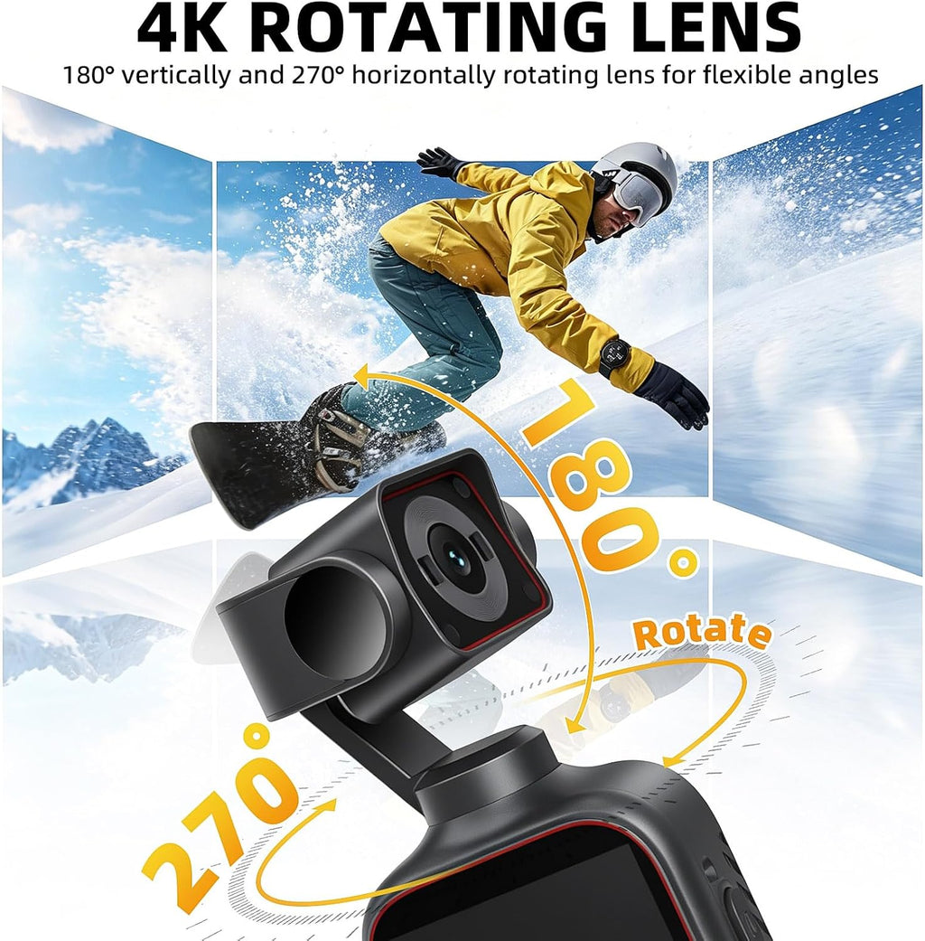 4K HD Pocket Handheld Camcorder, WiFi Enabled Action Camera with 12MP Photos, 170° Wide Angle Lens, 270° Rotating