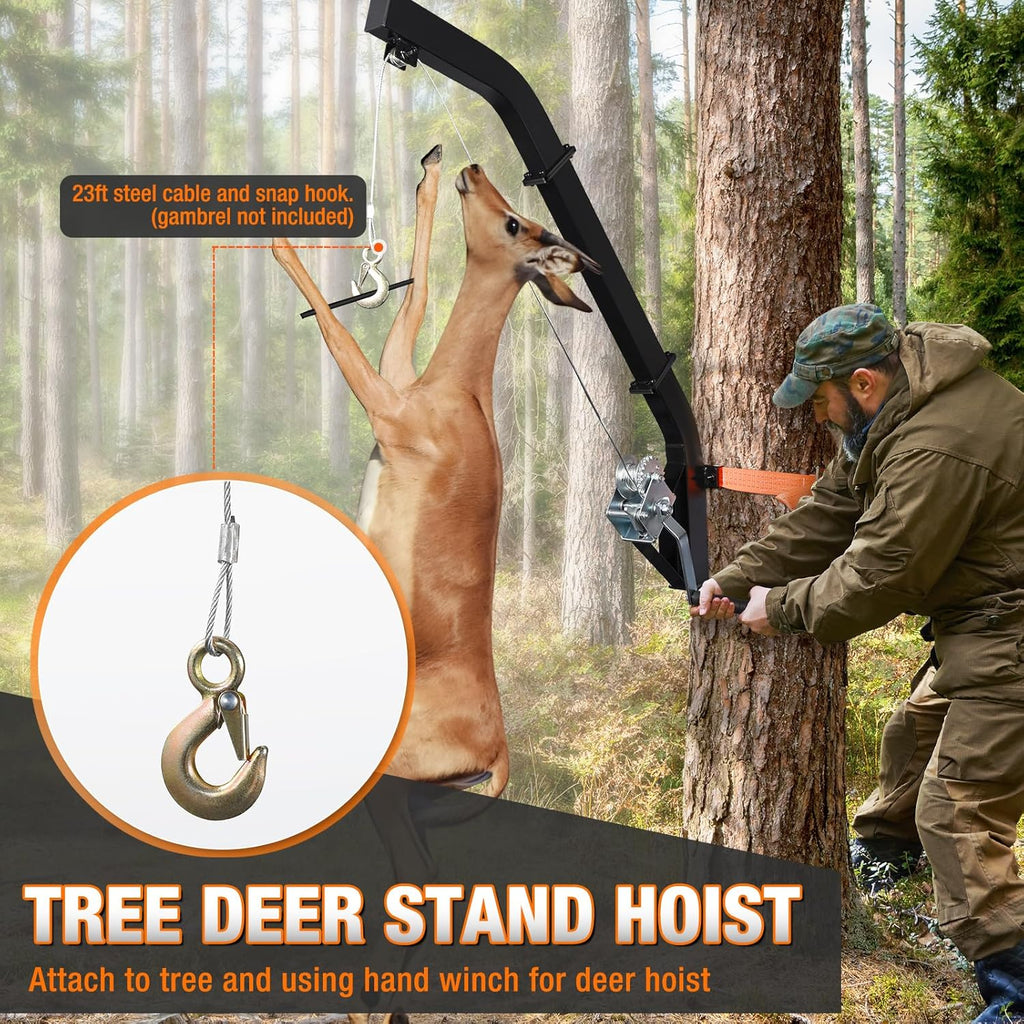 Tree Mounted Deer Hoist, 500LBS Hunting Game Hoist with Winch and Ratchet Strap, 23FT Steel Cable Heavy Duty Deer