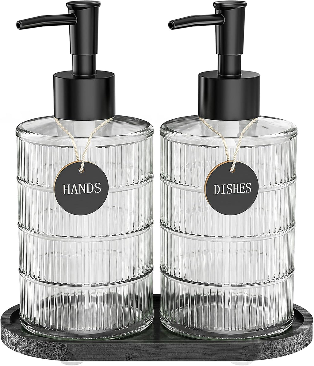 Soap Dispenser Set with Bamboo Tray, Dish and Hand Soap Lotion Dispenser Set with Wooden Pump for Kitchen and