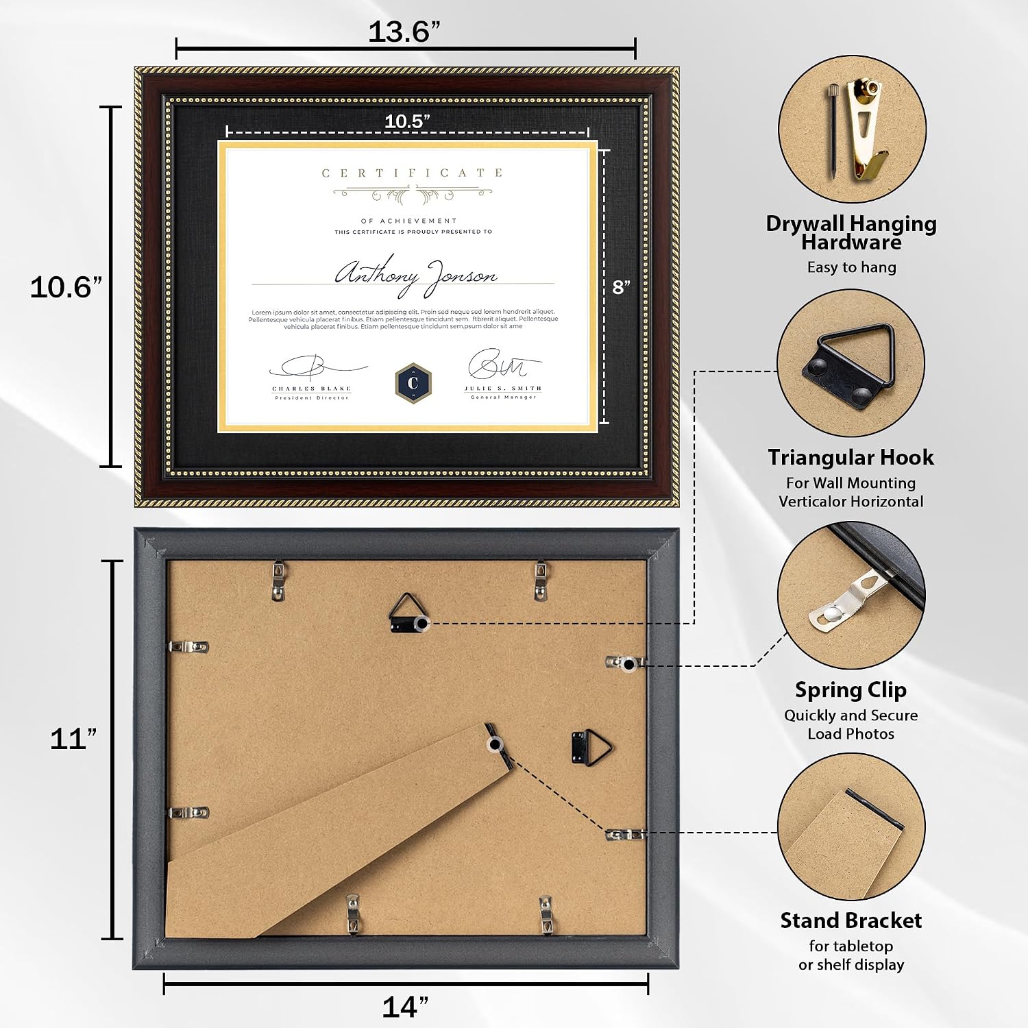 8.5x11 Diploma Frame with Black over Gold Mat or Full Display 11x14 Document Certificate Frame for Diploma Degree