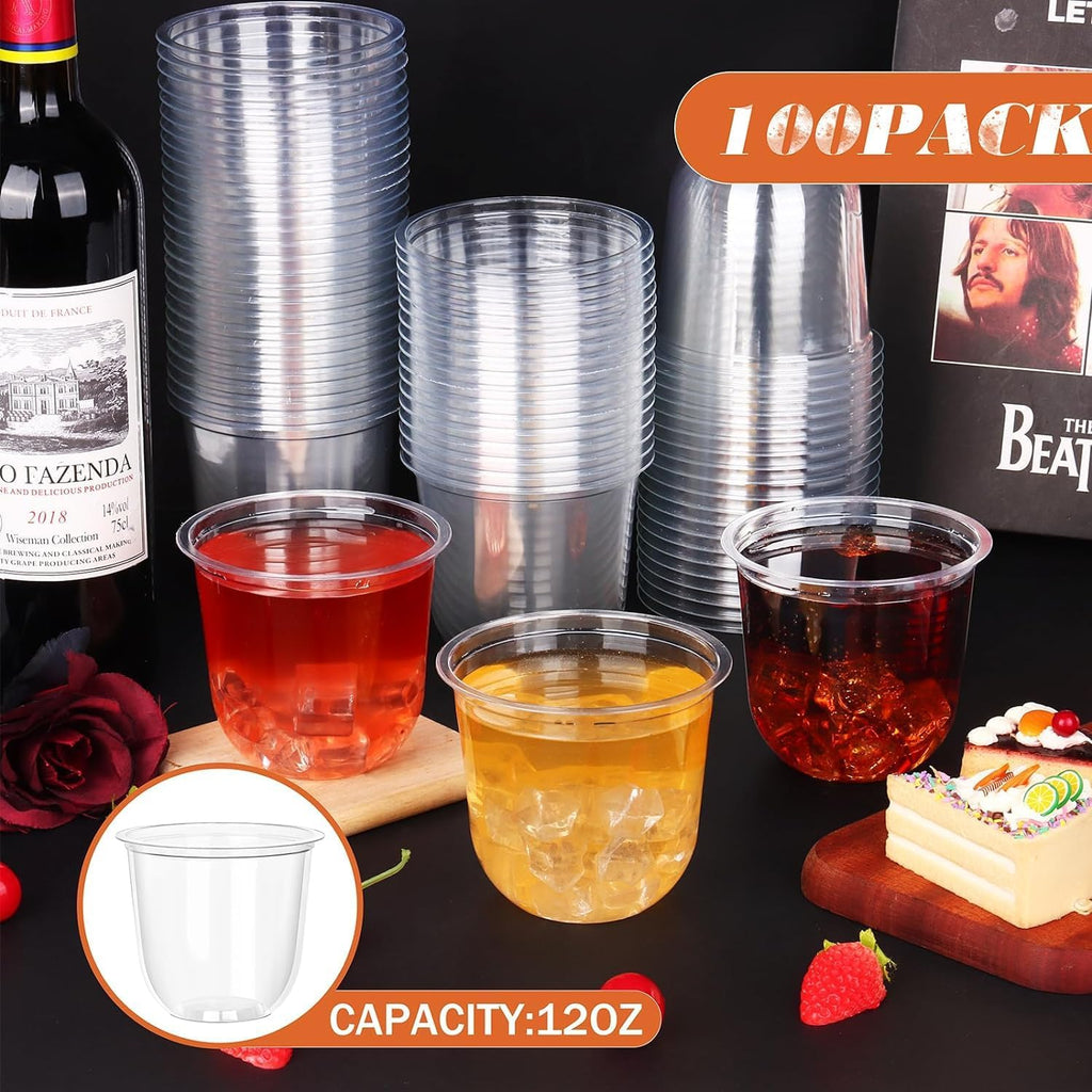 100 Pcs 12oz Plastic Clear Cups, Disposable Wine Cocktail Glasses