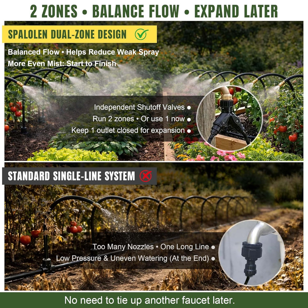 100FT Drip Irrigation System Kit Dual-Zone Garden Atomizing Watering System with 30 Copper 360° Adjustable Bendable