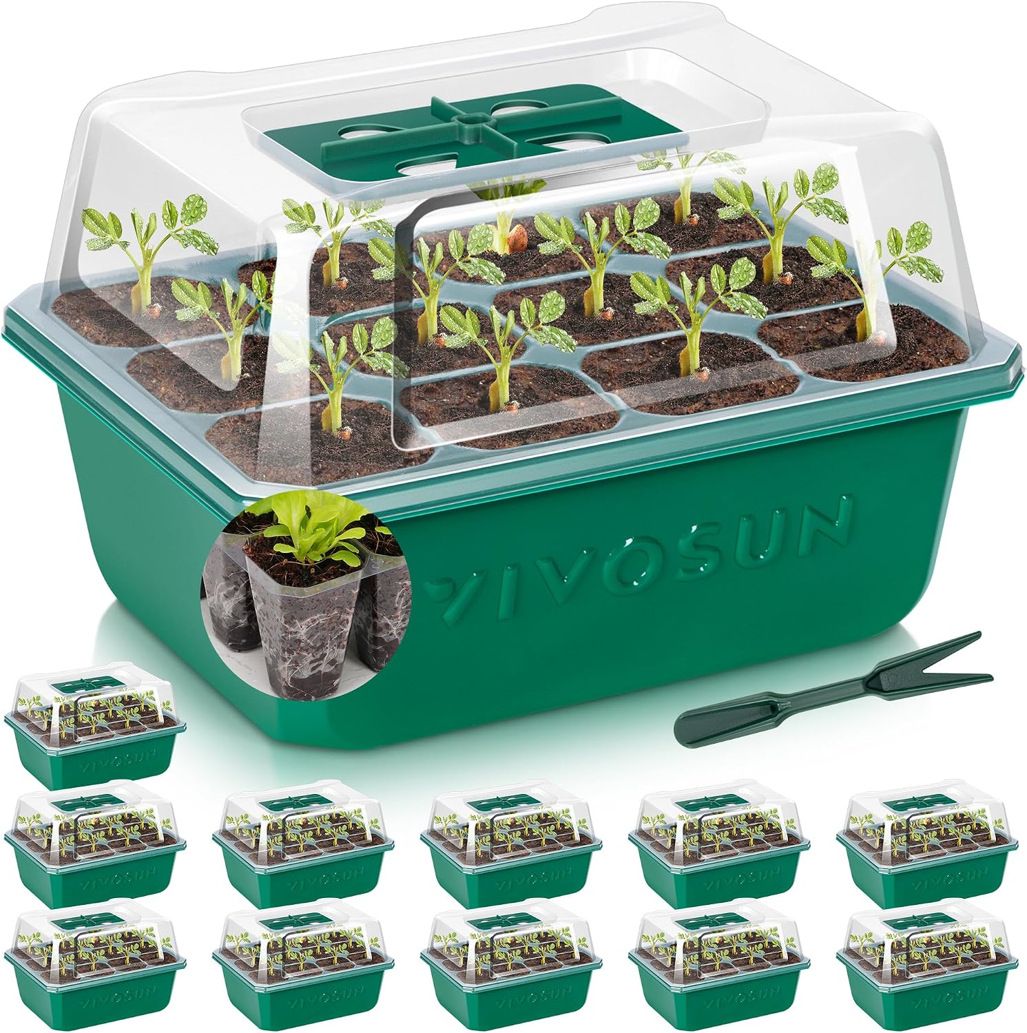 VIVOSUN 12-Pack Seed Starter Trays, 144-Cell Starter Kit with Humidity Dome | Flat Reusable Plant Germination Trays