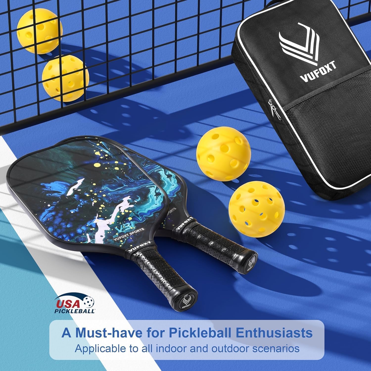 Pickleball Paddles Set of 2/4, USAPA Approved Carbon Fiber Surface Pickle Ball Set - 14mm PP Honeycomb Core of