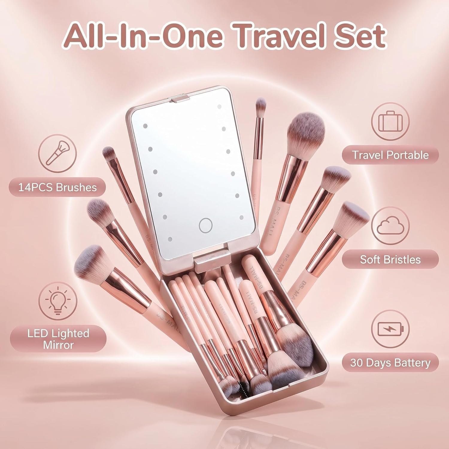 Makeup Brushes Foundation Powder Concealers Eye Shadows Makeup Set with LED light Mirror 14 Pcs Mini Makeup Brushes