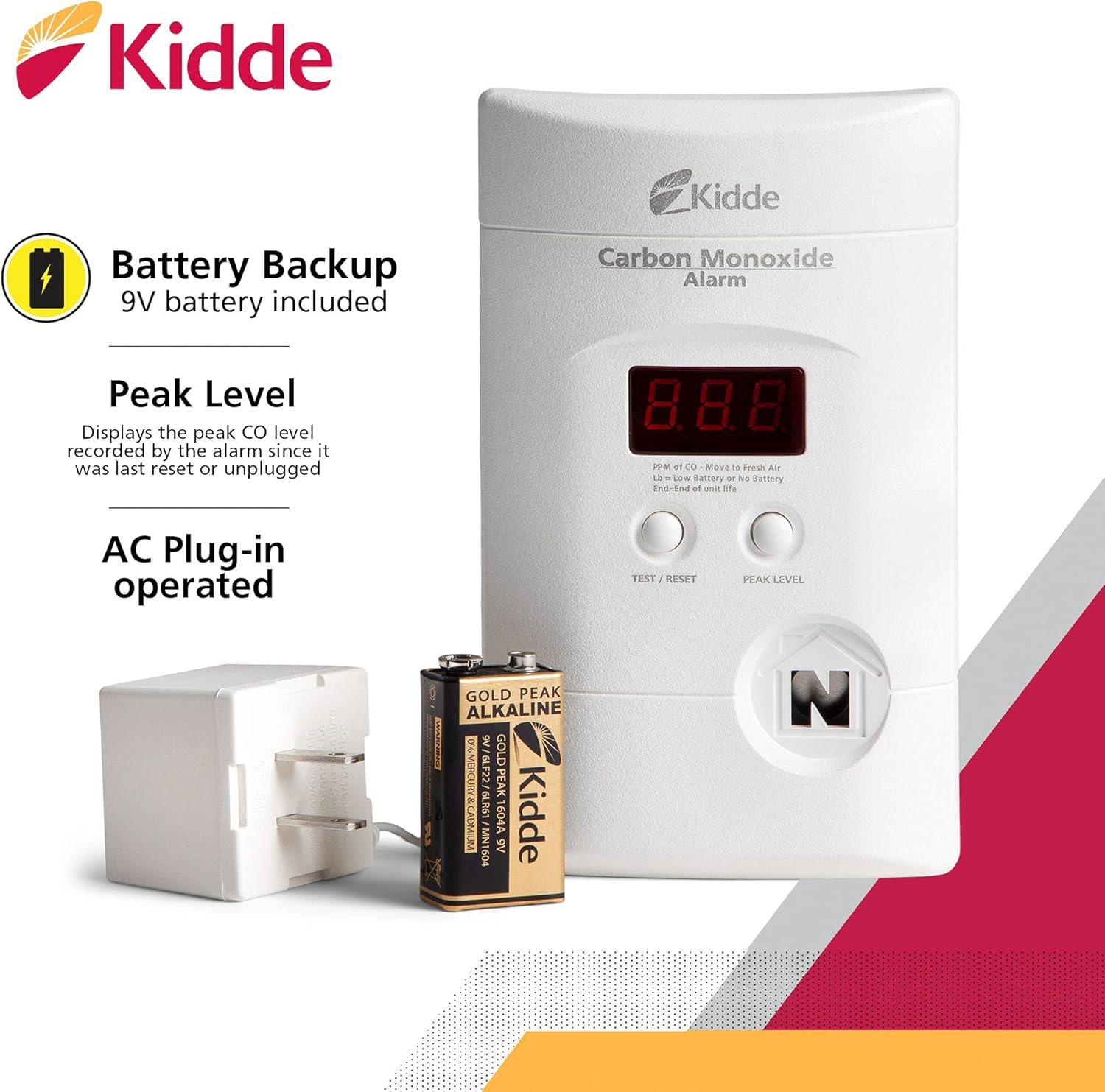 Carbon Monoxide Detector, Plug-In with 9V Battery Backup, Digital Display, 85 dB Alarm, LED Status Light Indicators