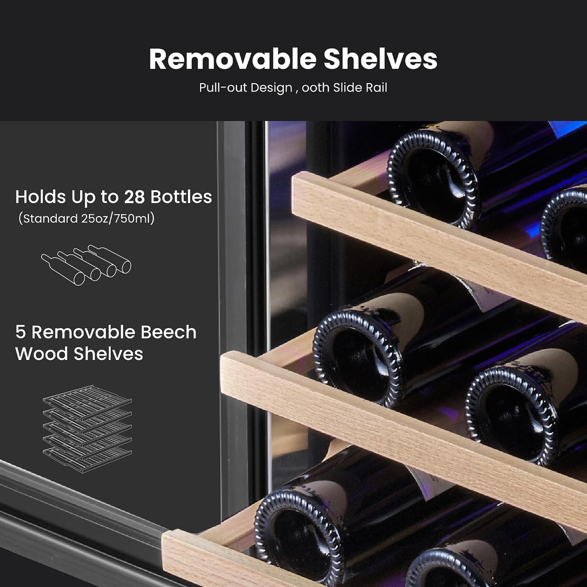 15 Inch Dual Zone Wine Fridge, 28 Bottle Wine Cooler with Left-Hinged