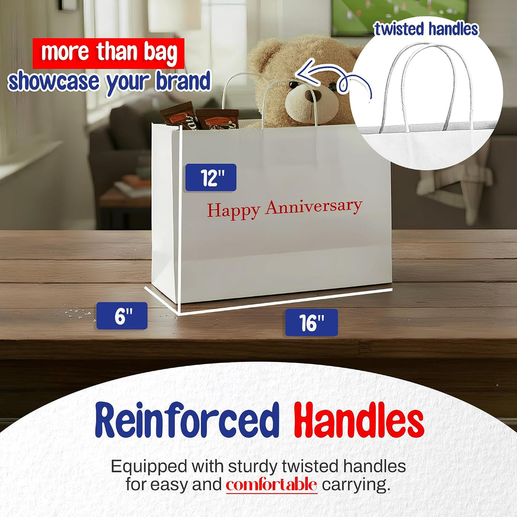 Custom Printed White Gift Bags 16" x 6" x 12" - Paper Bags with Handles - Made in USA