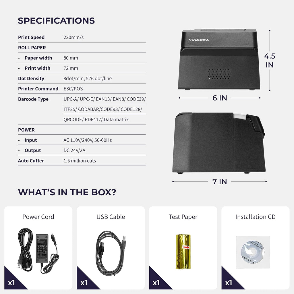 Thermal Receipt Printer, 80mm POS Printer w/Auto Cutter, USB/Bluetooth Interface for Windows/MAC/Linux, ESC/POS