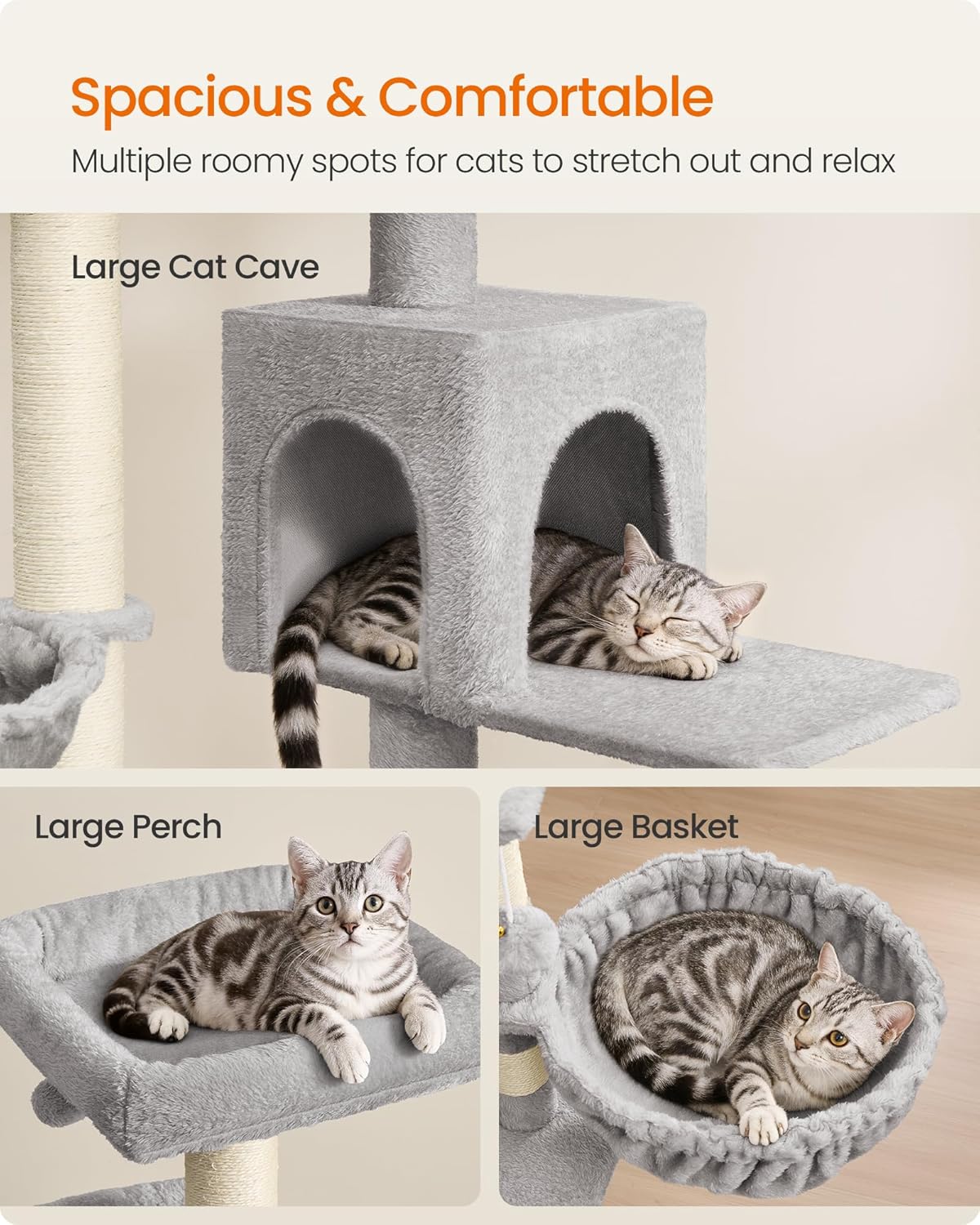 Cat Tree, 68.5-Inch Tall Cat Tower, Multi-Level Plush Condo with Large Perch, Scratching Posts, Double Caves, Dove