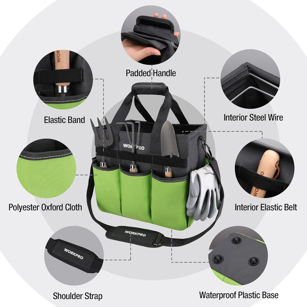 Garden Tool Bag Organizer, Heavy Duty Gardening Tote Bag with 10 Pockets and Long Adjustable Shoulder Strap