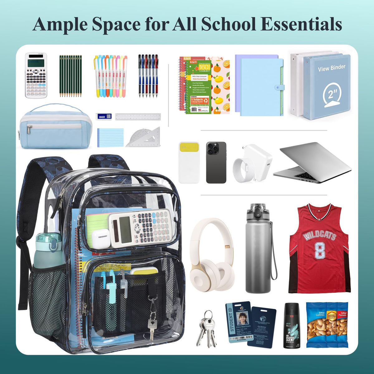 Clear Backpack for School - 17 Inch Geometric Pattern Bookbag, Blue
