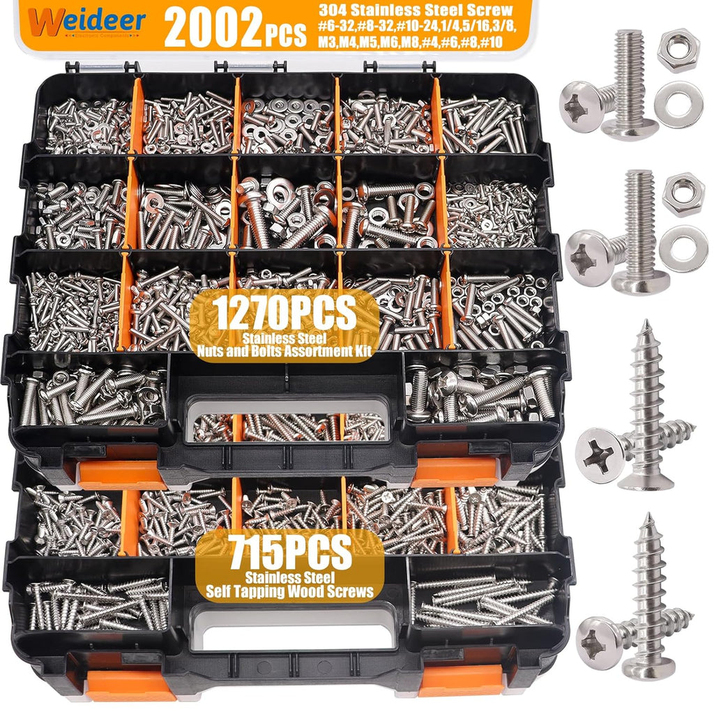 2002PCS Hardware Assortment Kit, 304 Stainless Steel Metric & SAE Screw Assortment