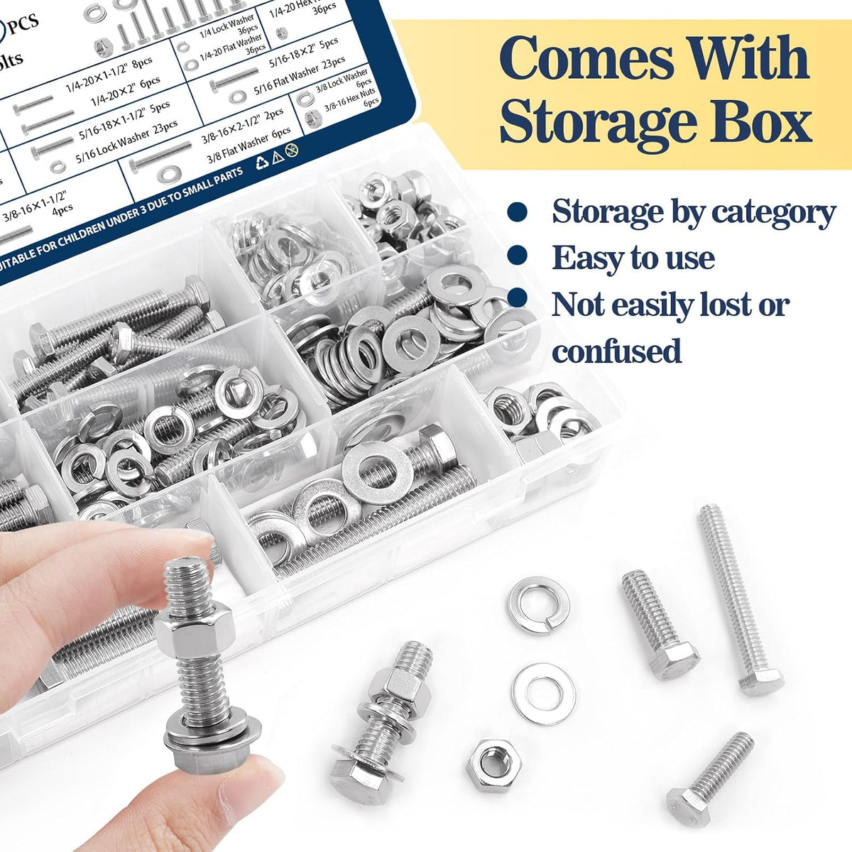 1/4, 5/16, 3/8 Hex Bolt and Nut Assortment Kit 260Pcs Stainless Steel