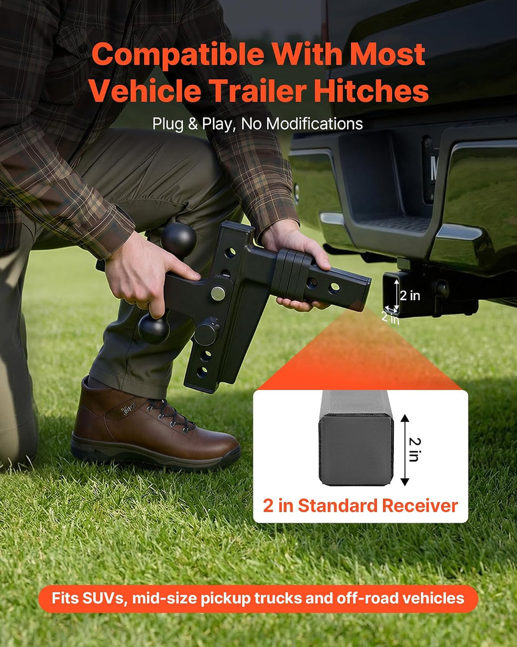 Adjustable Trailer Hitch, Fit 2 Inch Receiver, Trailer Hitch Mount with 2 Inch & 2-5/16 Inch Balls, 15000 lbs GTW, 6