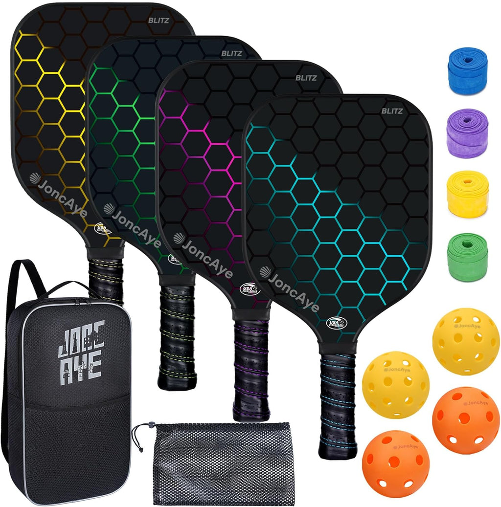 Pickleball Paddles Set of 4 or 2, USAPA Approved Fiberglass Rackets | with Outdoor Indoor Balls, Bag, Overgrip