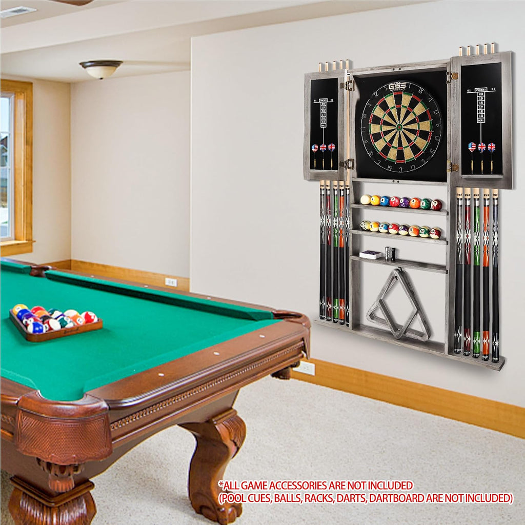 GSE Wall Mounted Billiard Pool Cue Rack & Dart Board Cabinet Only | Dart Scoreboard Included, 100% Solid Wood, Hold
