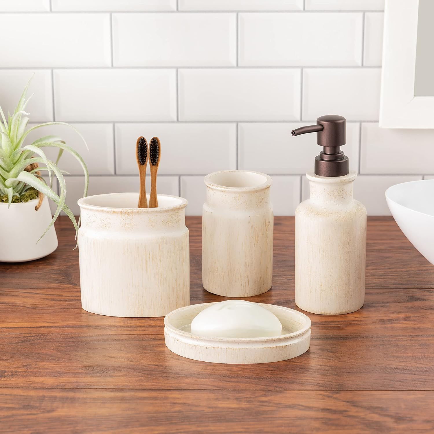 Rustic Luxe Beige 4 Piece Bathroom Accessories Set | Includes Soap Dispenser, Toothbrush Holder, Tumbler Cup & Soap Dish