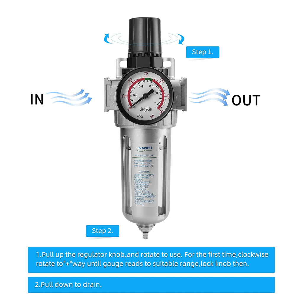 NANPU 1/2" NPT Compressed Air Filter Regulator Combo