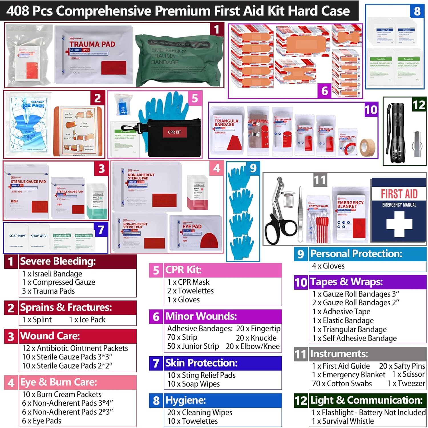 Hard Case First Aid Kit 408 Pcs - Wall Mountable Trauma Kit for Car, Home, Office & Truck - Comprehensive Large First