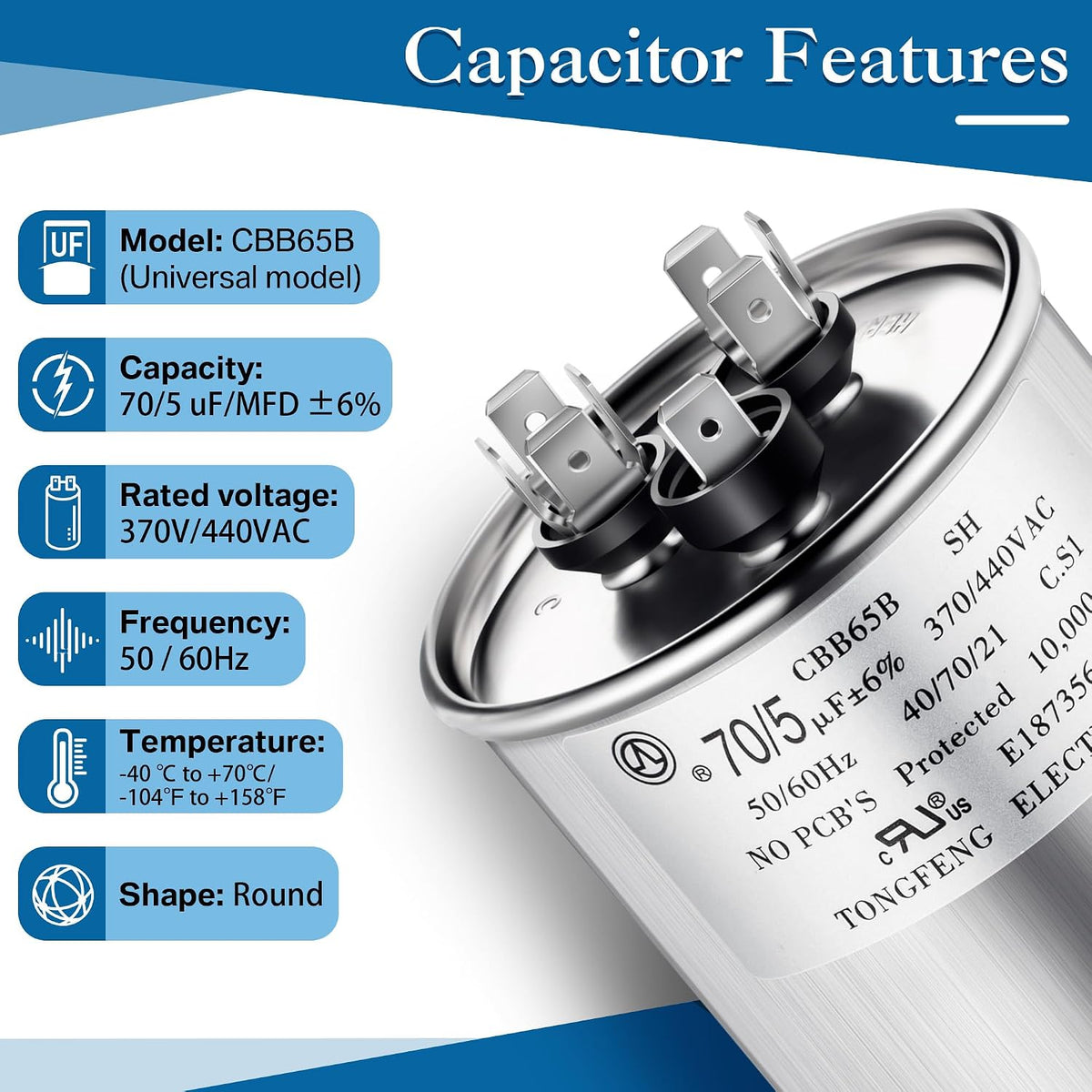 Umigy 2 Pack 70/5 uF 70+5 MFD 370/440VAC Dual Run Round Capacitor