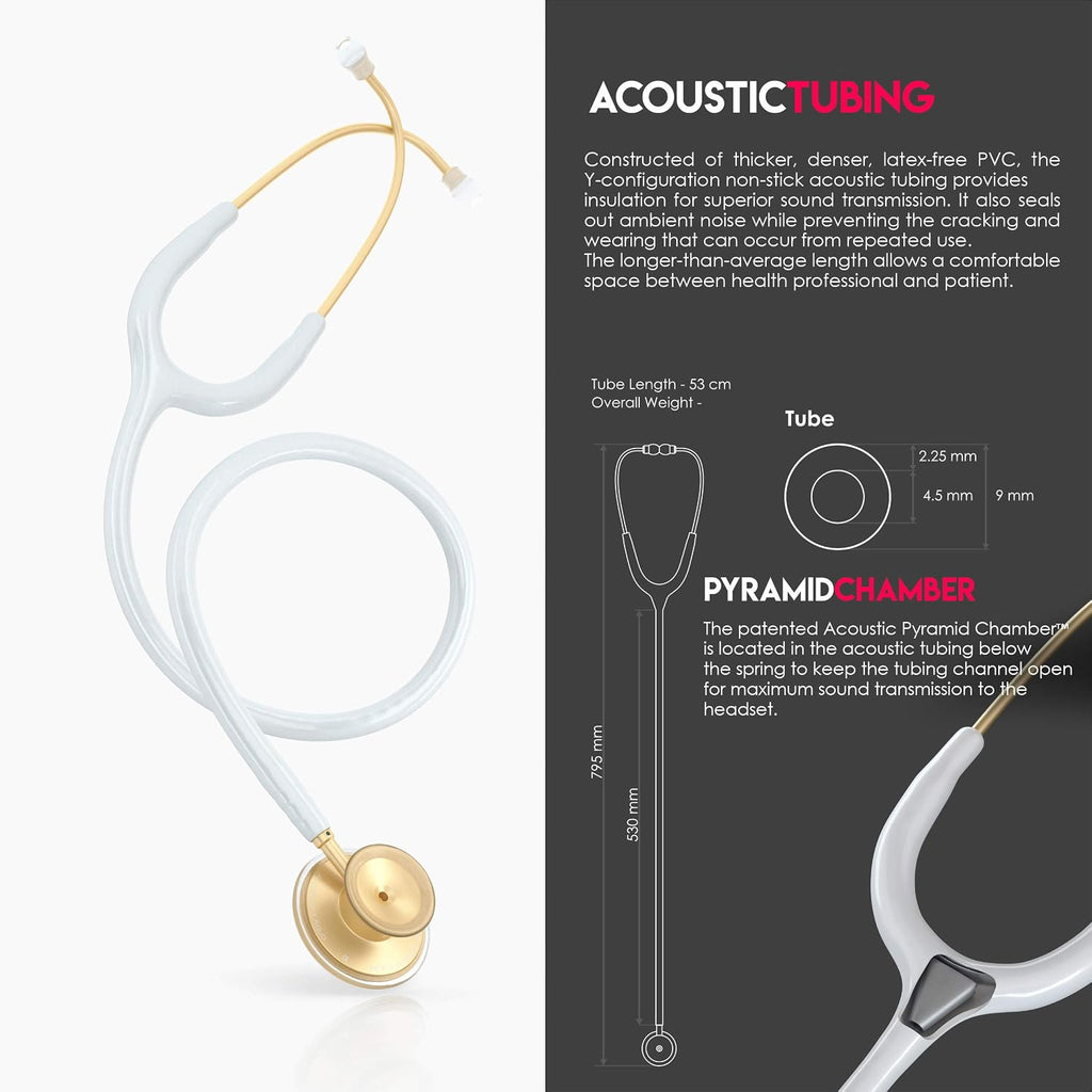 Acoustica Lightweight Stethoscope for Doctors, Nurses, Students, Home Health Use, Adult, Dual Head, White Tube, Gold