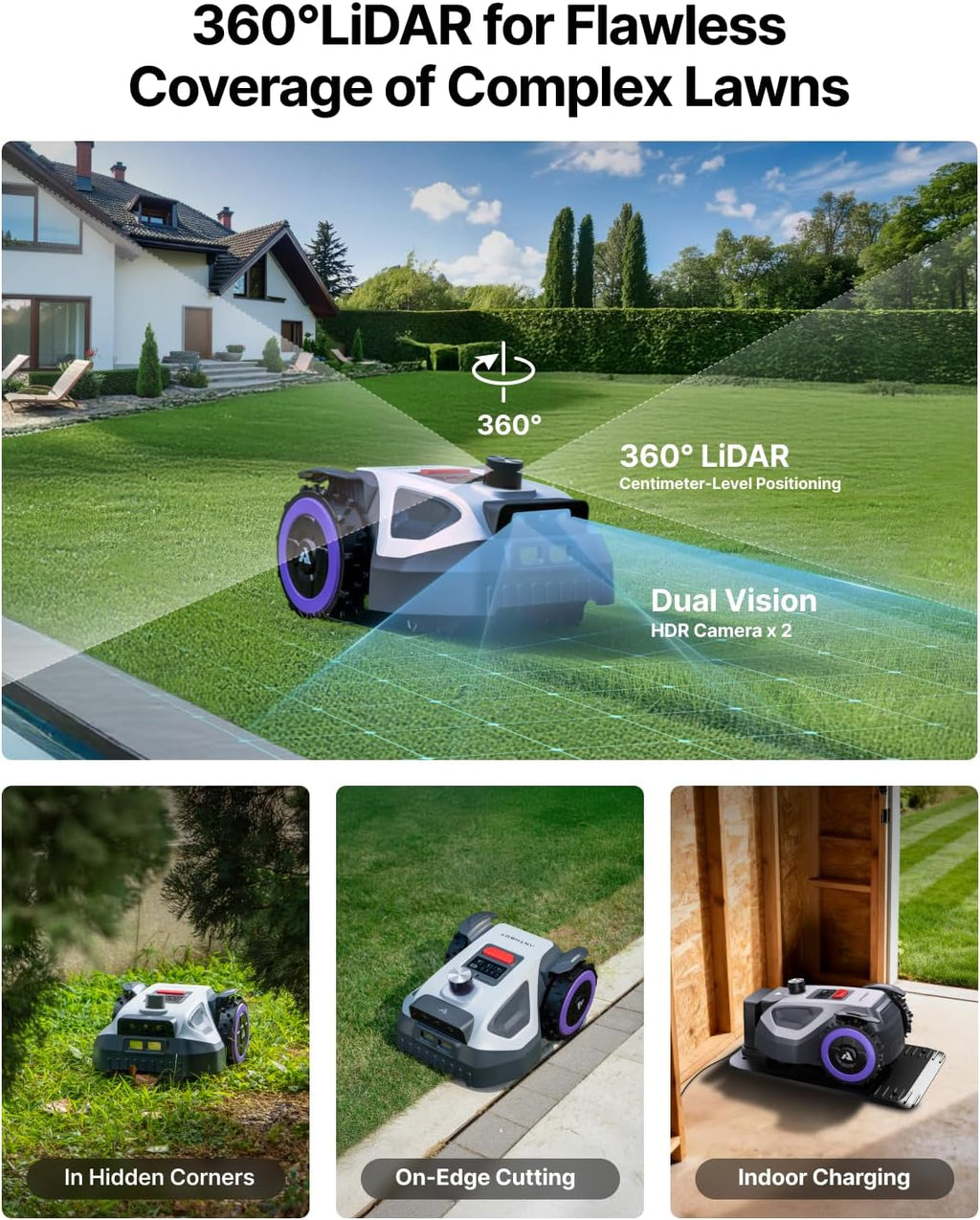 M5 Lidar Robot Lawn Mower, 360°LiDAR+Vision Perimeter Wire Free 1/8 Acre, Vision Obstacle Avoidance Robotic Lawnmower
