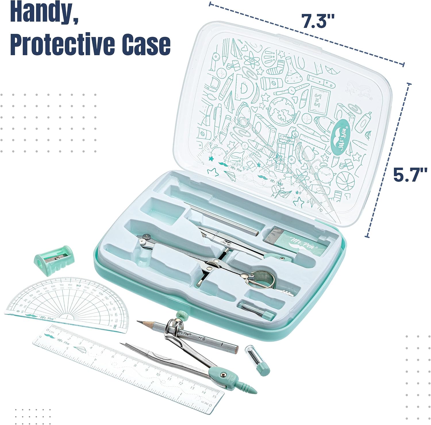 Geometry Set, 13 pcs, 3 Metal Compasses, Protractor, 6" Ruler | 45° & 30°/60° Set Squares, Pencils, Lead Refills
