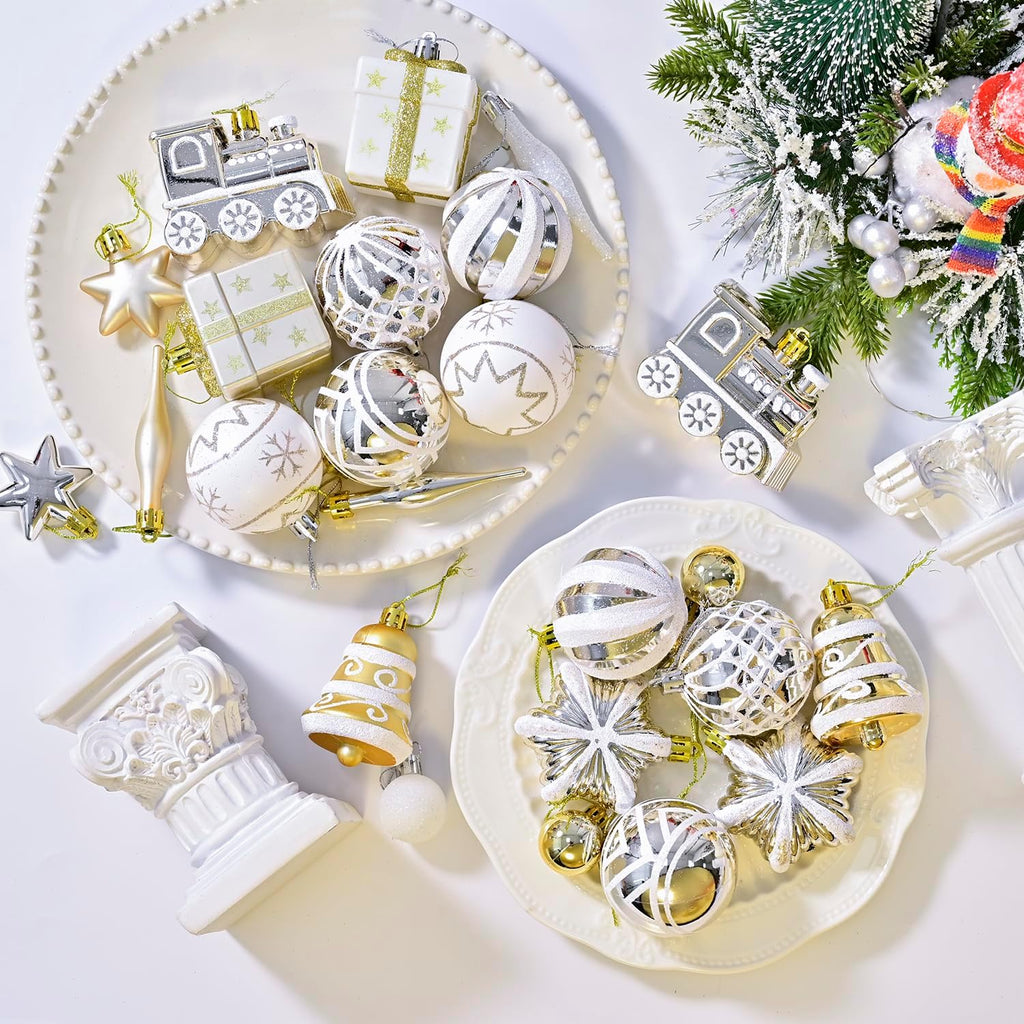 Christmas Ball Ornaments Set, 47ct 2.36 Inch Champagne Gold Assorted Xmas Tree Ball Ornaments, Shatterproof Christmas