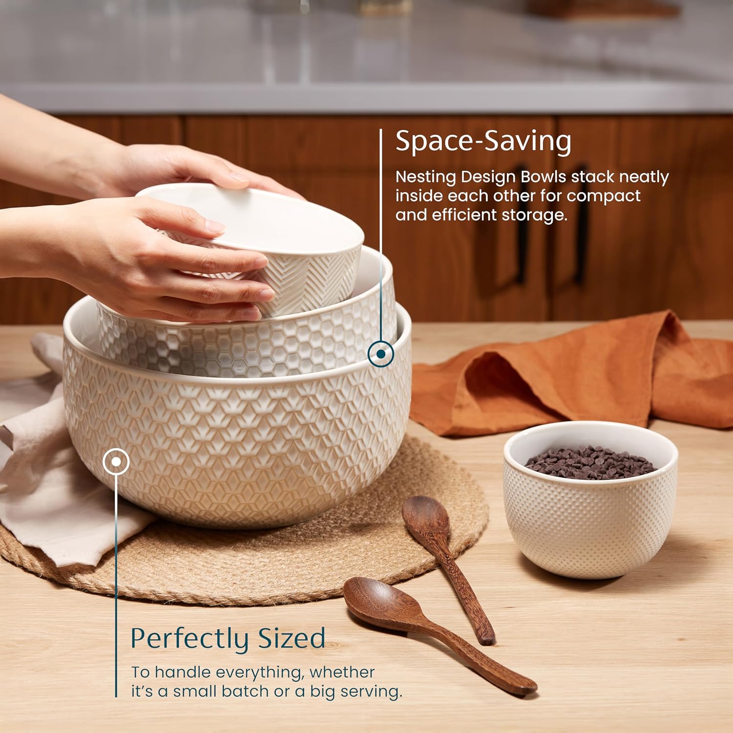 Ceramic Mixing Bowls, Nesting Set of 4, Embossed Kitchen Dishware, Prep, Serving, Gift, Microwave and Dishwasher