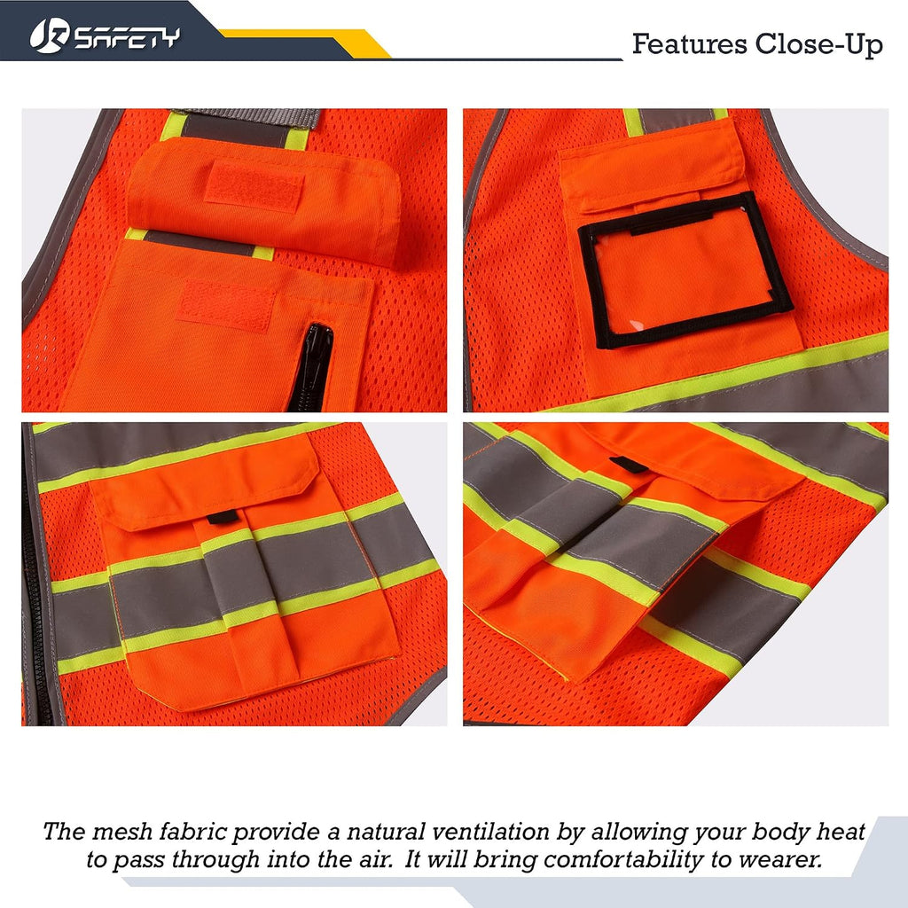 Safety Vest for Men Women Hi Vis Reflective Tapes JK140 Orange L | 9 Pockets, ANSI Standards Class 2 with 4