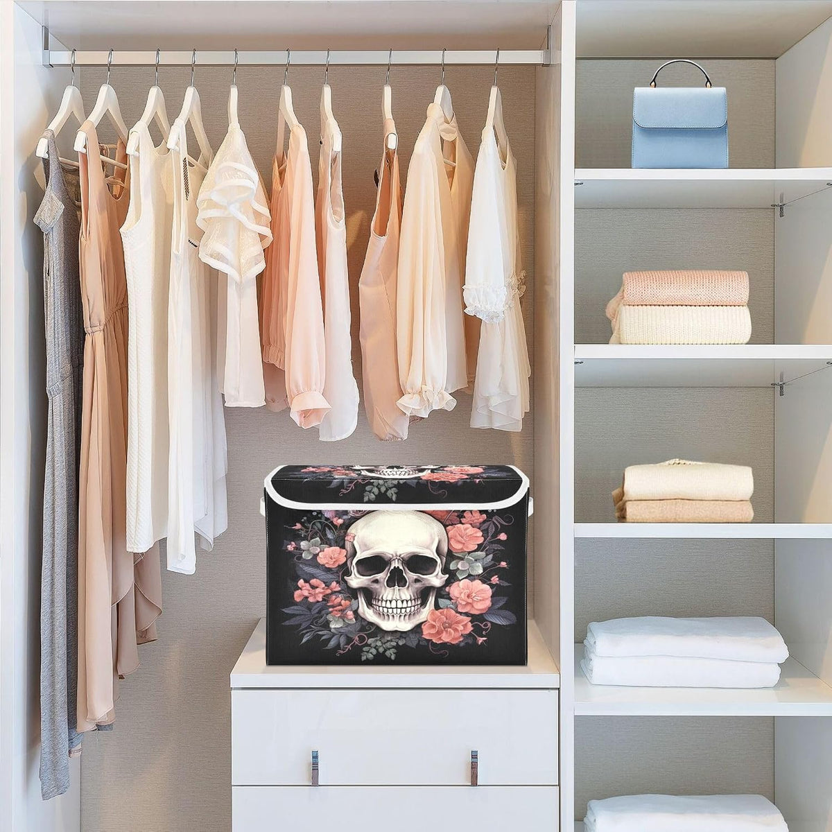 Skull Storage Bins with Lids and Carrying Handle,Foldable Storage Boxes Organizer Containers Baskets Cube with Cover