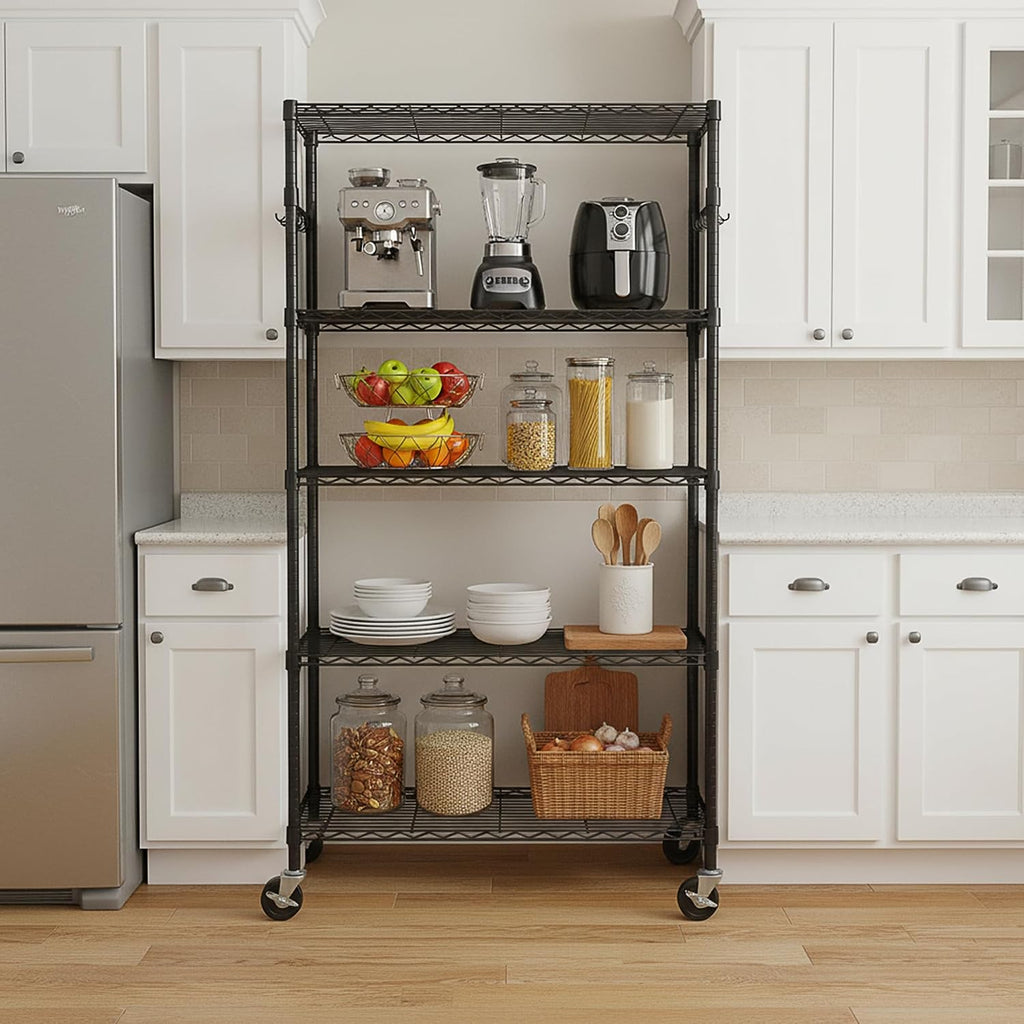 5-Tier Rolling Storage Shelf with Wheels, Metal Wire Shelving Unit