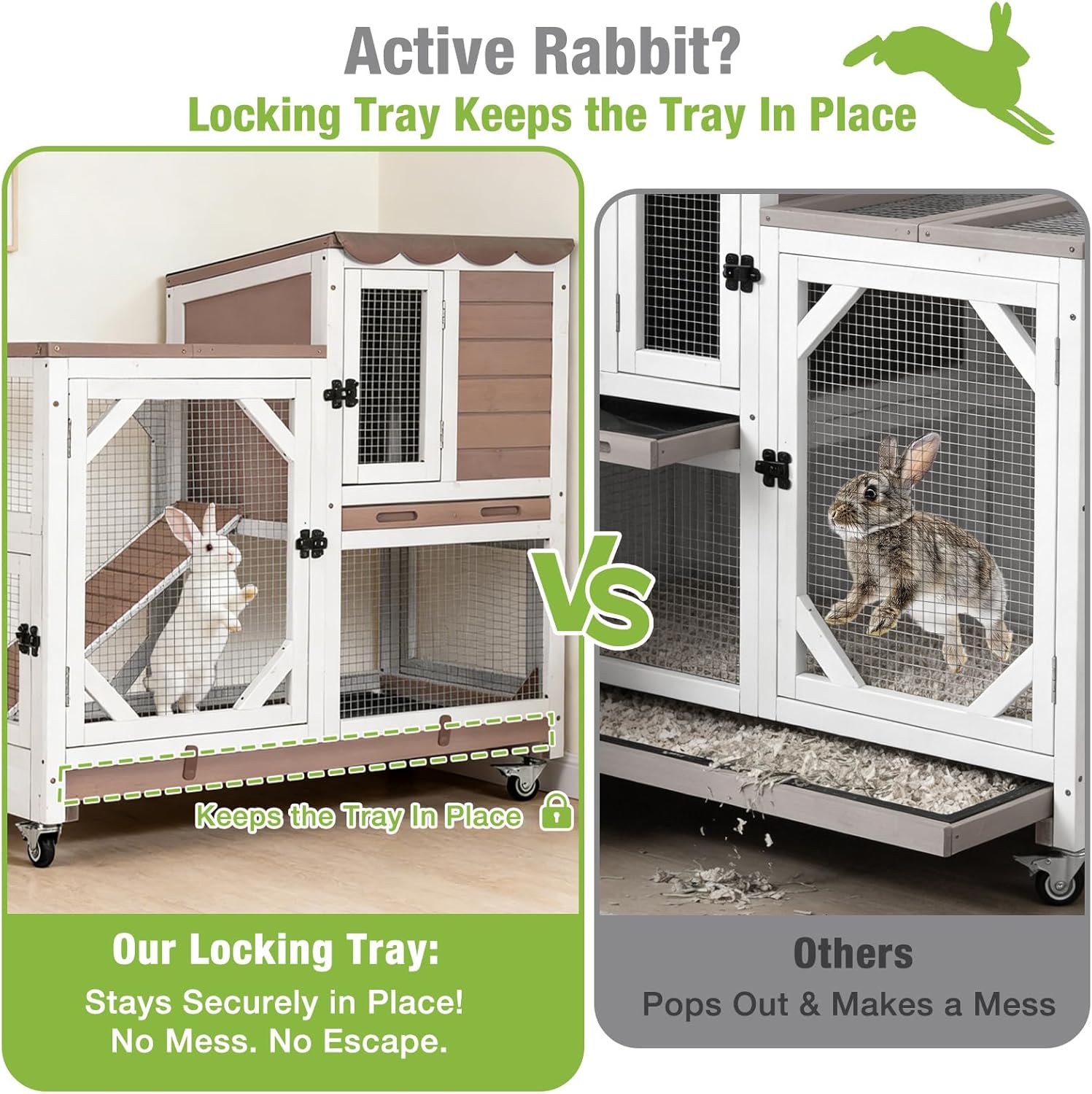 2-Story Rabbit Hutch with Chew-Proof Ramp & Leak-Proof Trays - Indoor/Outdoor 39.3" Wooden Rabbit Cage with Wheels