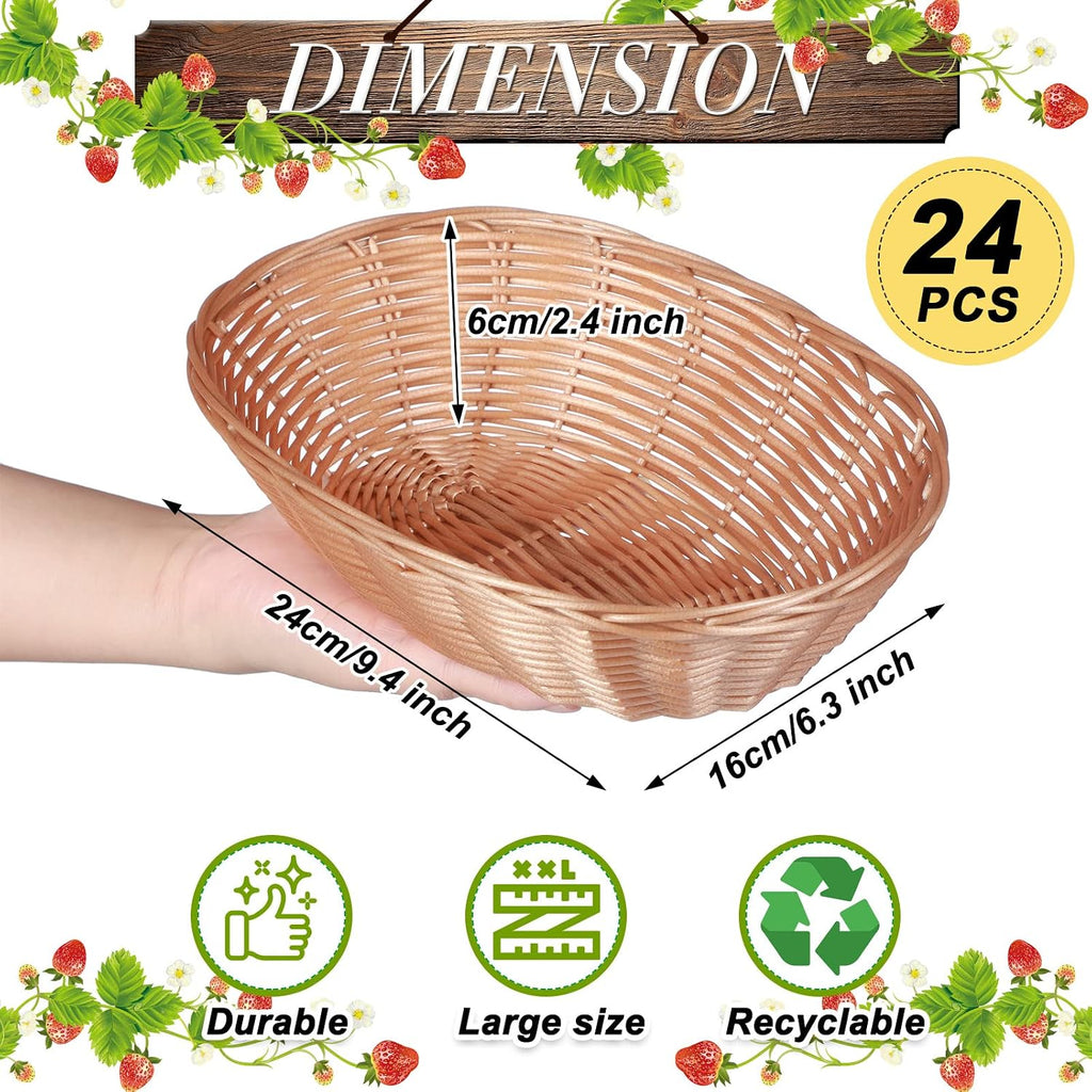 24 Pack Plastic Oval Basket 9.5 x 6.3 x 2.4 Inch Small Fruit Bread Basket Wicker Storage Baskets for Gifts Empty