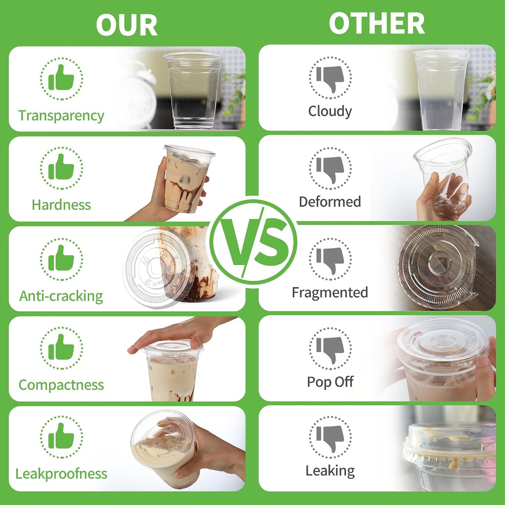16 OZ Compostable Clear Plastic Disposable Iced Coffee Cups with Flat Lids, Biodegradable Cold Drinking To Go Coffee
