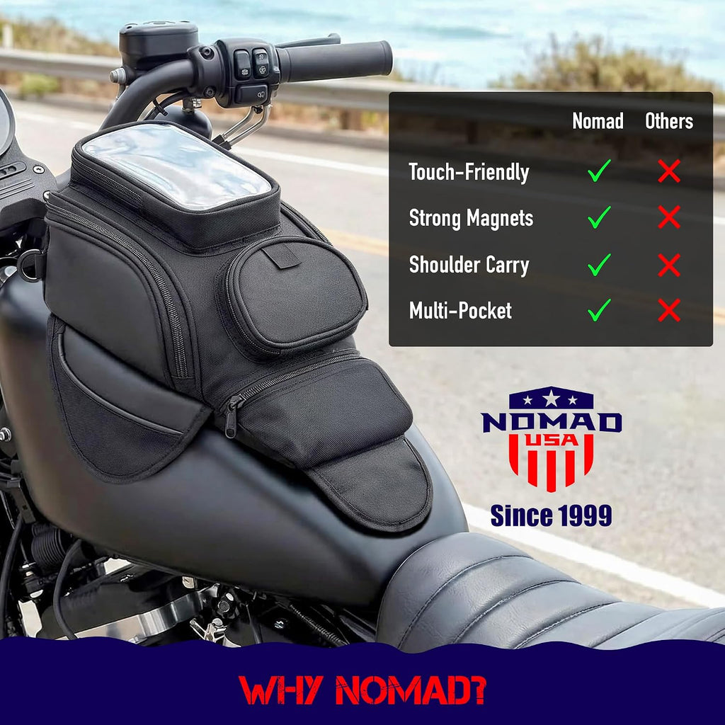 Nomad Motorcycle Tank Bag – 4L Heavy Duty Black Gas Tank Bag with Touchscreen Phone Window, Magnetic Universal Fuel