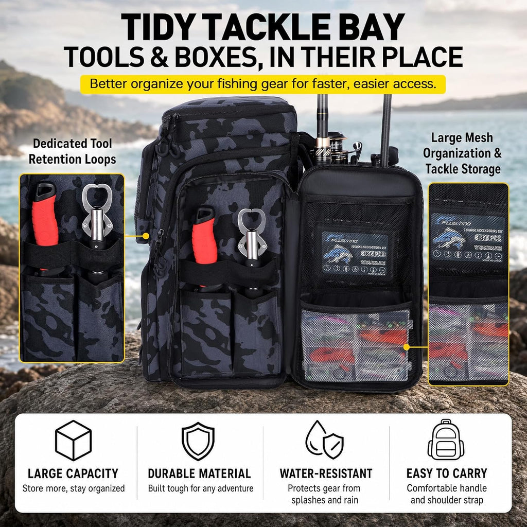 Fishing Tackle Backpack with Rod Holders，42L Water-resistant Fishing Bag Store Fishing Gear, Fisher Gifts For Men.