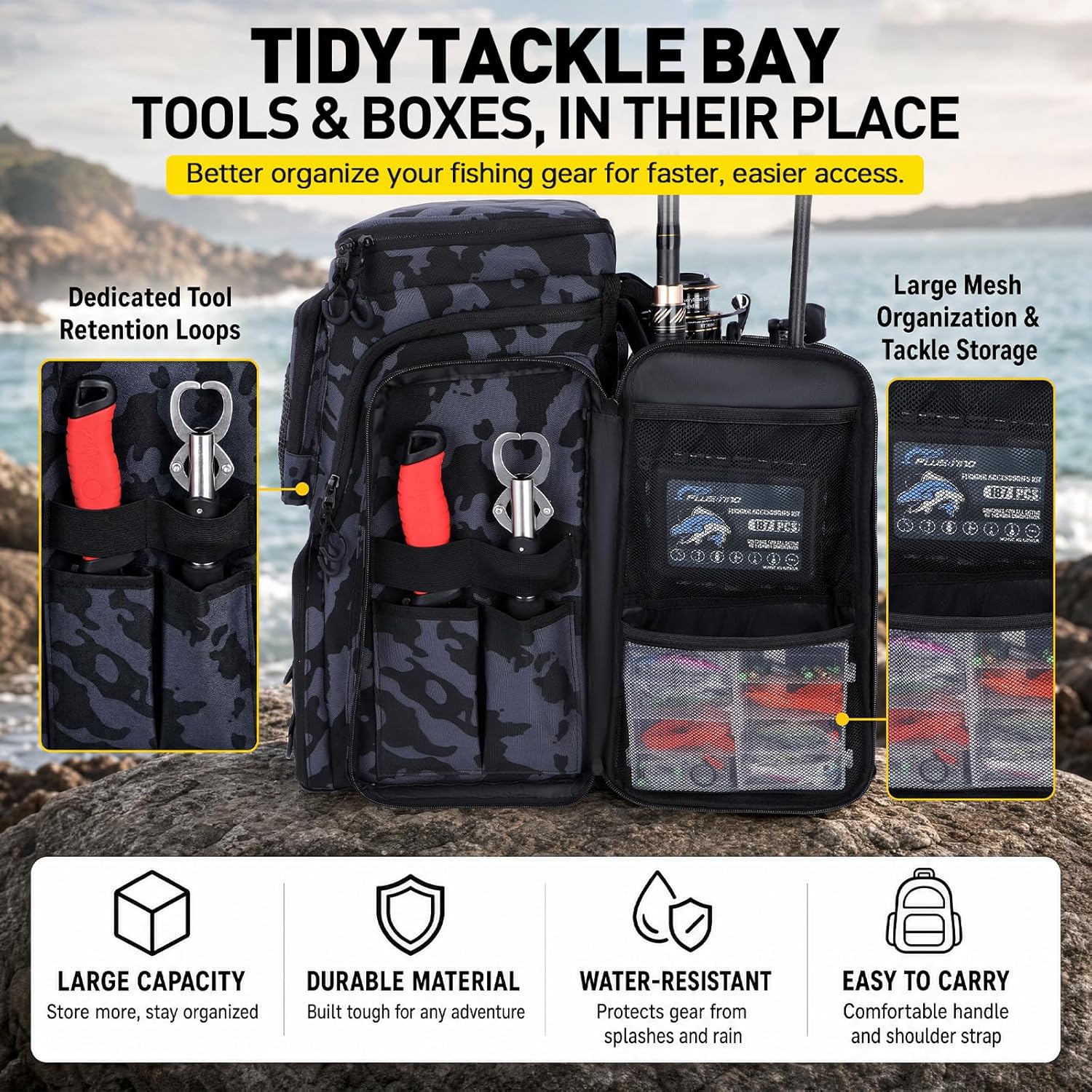Fishing Tackle Backpack with Rod Holders，42L Water-resistant Fishing Bag Store Fishing Gear, Fisher Gifts For Men.