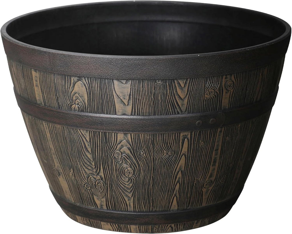 20 Inch Whiskey Barrel Planter, 100% Recycled Resin Large Round Flower Pot with Wood Grain Detail, Indoor Outdoor