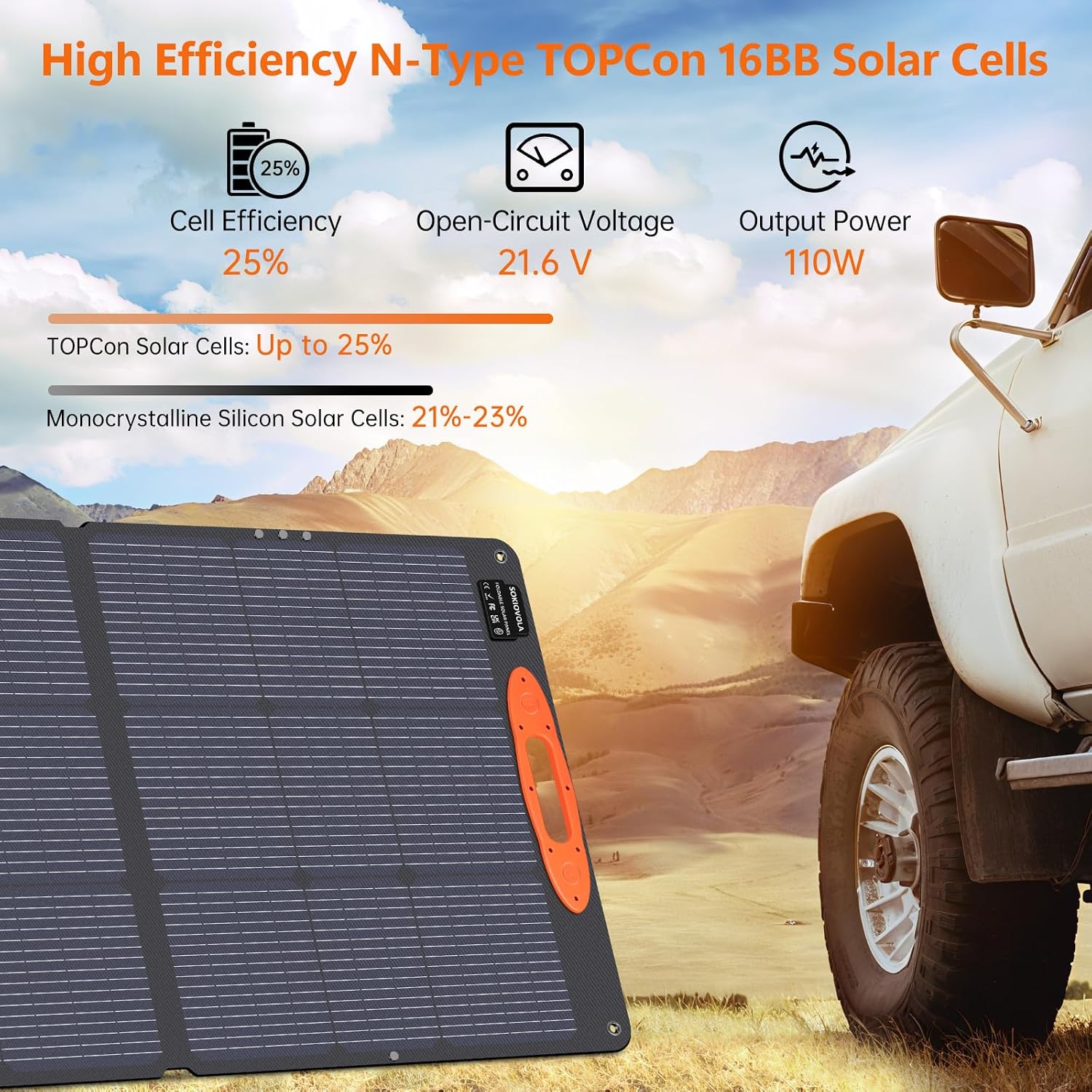 N-Type 16BB 110W Portable Solar Panel for EF/Jackery/Bluetti/Anker Power Station, 25% High Efficiency ETFE Foldable